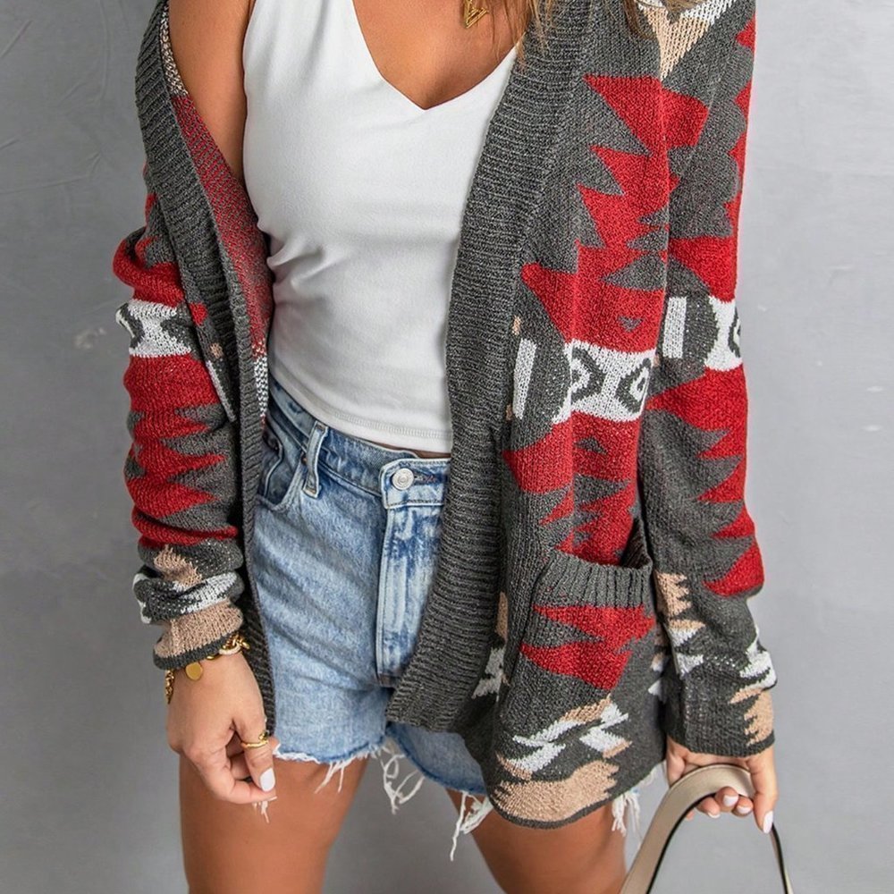 Grey Casual Womens Geo Pattern Dual Pocket Open Front Cardigan - Picture 4 of 5